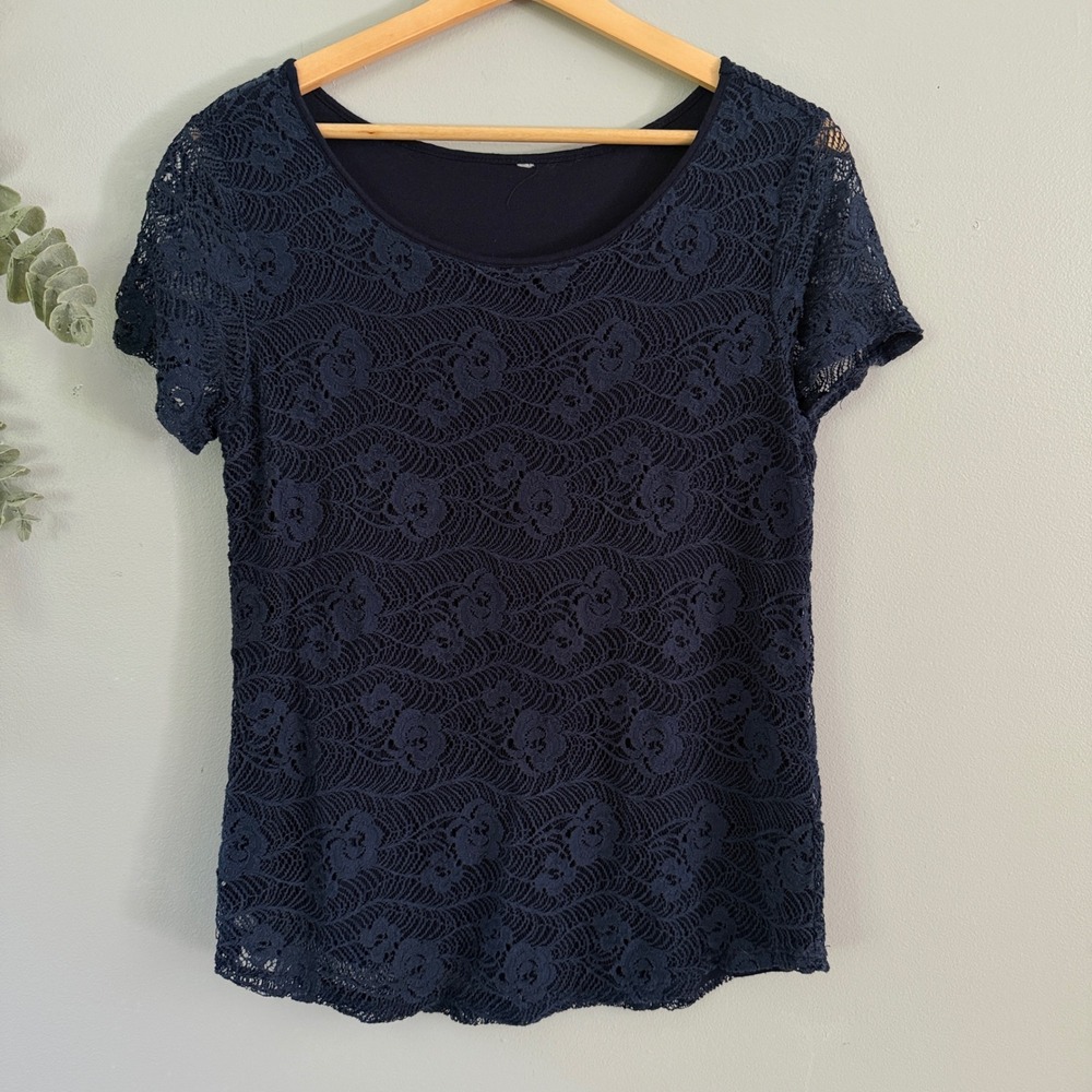 Leo Nicole Blouse Navy Blue Floral Fairy Festival Lace Lined Top Cottagecore